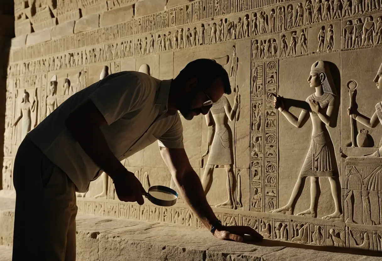 電球のように見えるレリーフを、現代の学者がルーペで観察している。レリーフの隙間から、古代の光が漏れ出しているようなイメージ。