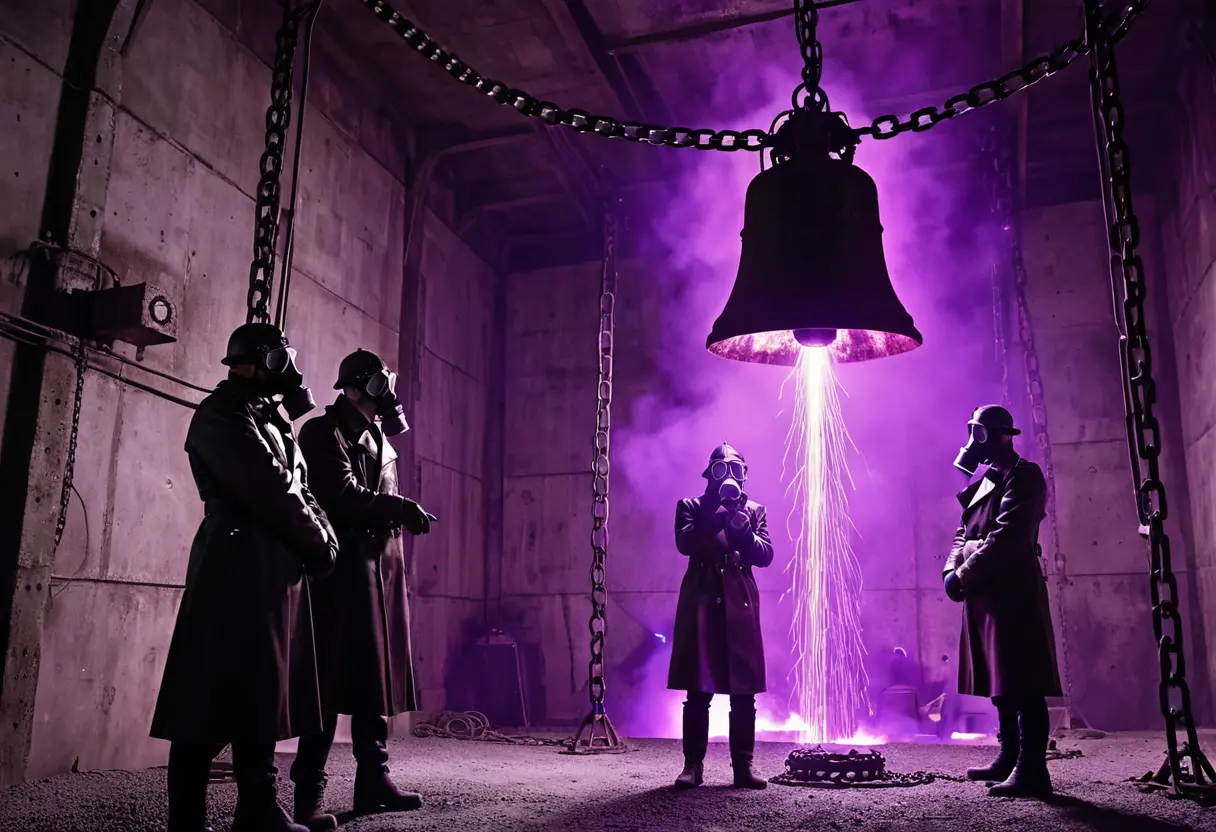 地下のコンクリート要塞。巨大な金属の鐘がチェーンで吊るされ、激しい紫色の雷のような火花を散らしながら回転している。
