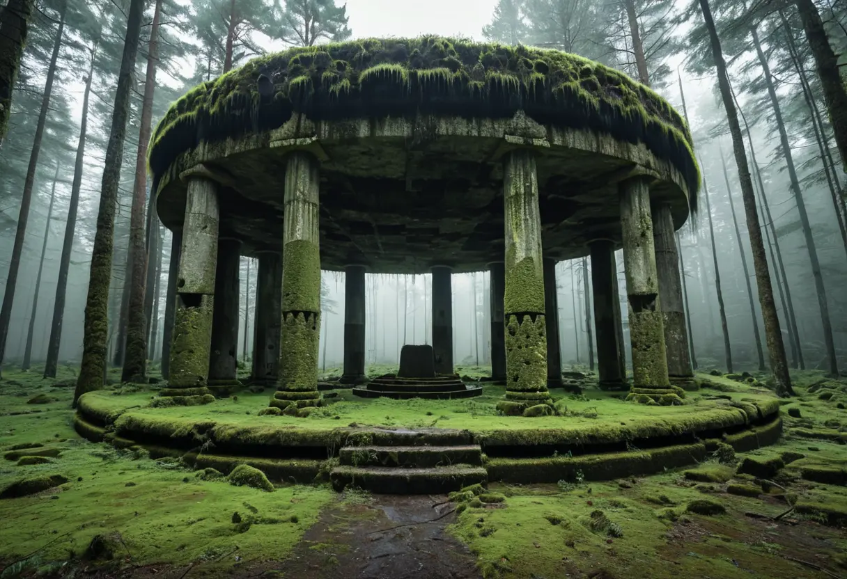 森の中にひっそりと佇む、巨大なコンクリート製の円形の骨組み。かつてそこで恐ろしい実験が行われたかのような不気味さ。