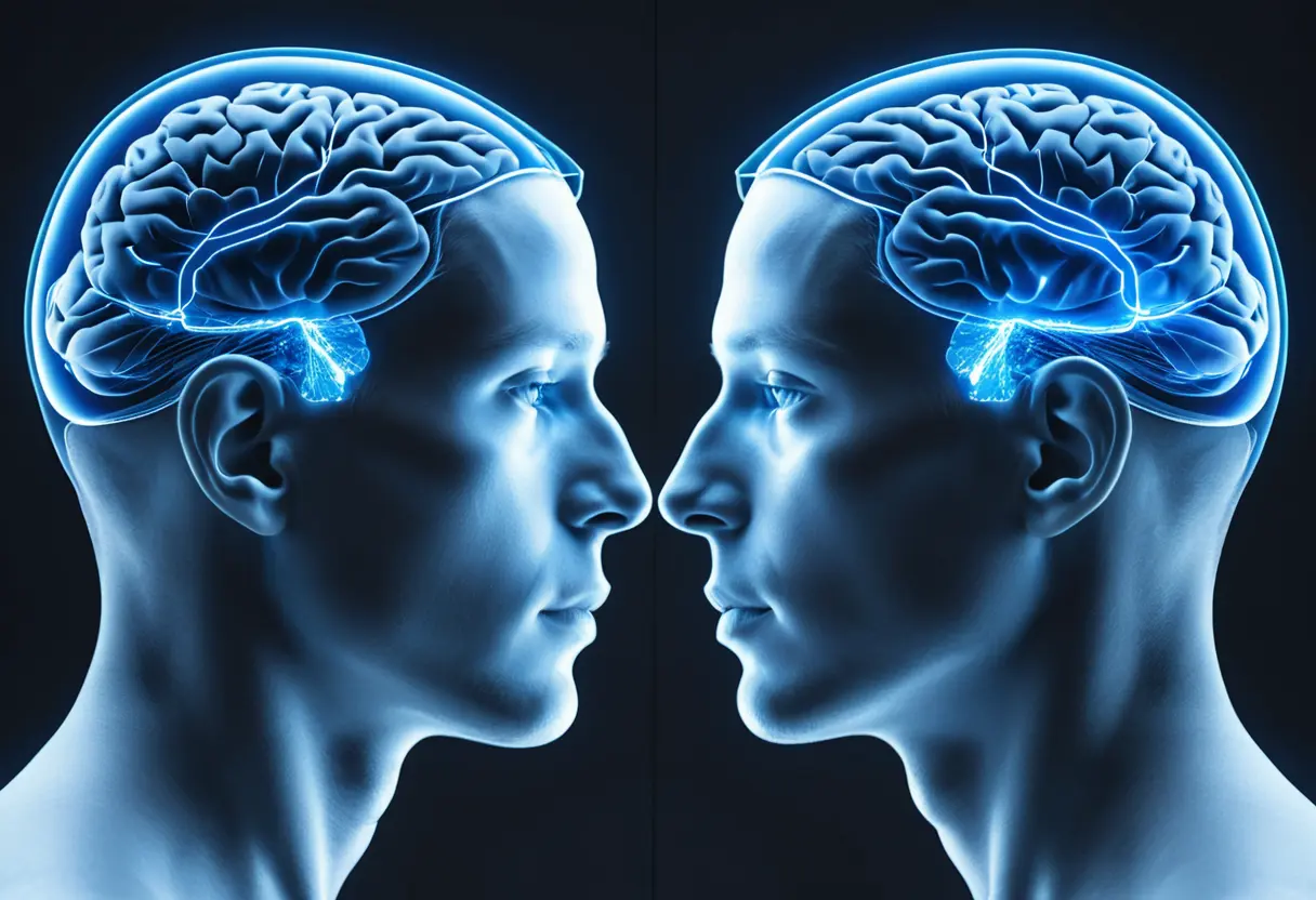 脳をモチーフにした背景に、鏡合わせのように反転する二人の顔が重なり合う幻想的なイメージ