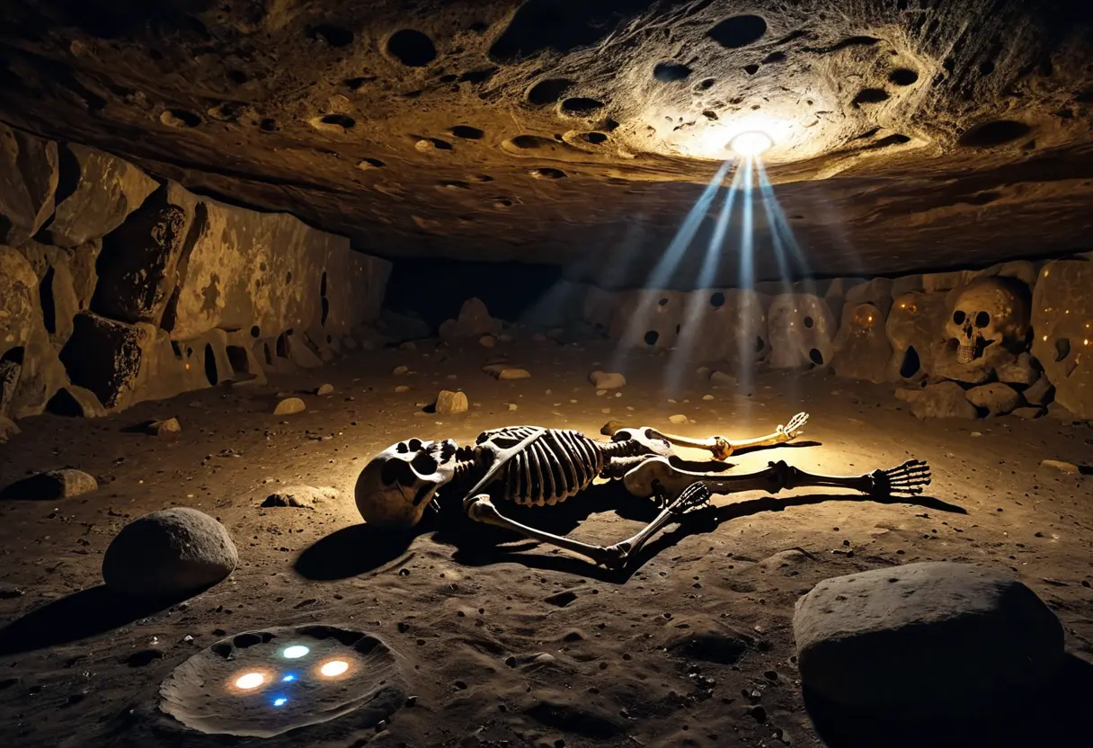 暗い洞窟の奥。壁面には星や太陽の絵が描かれ、足元には頭の大きな小さな骸骨と、あの石盤が散乱している。