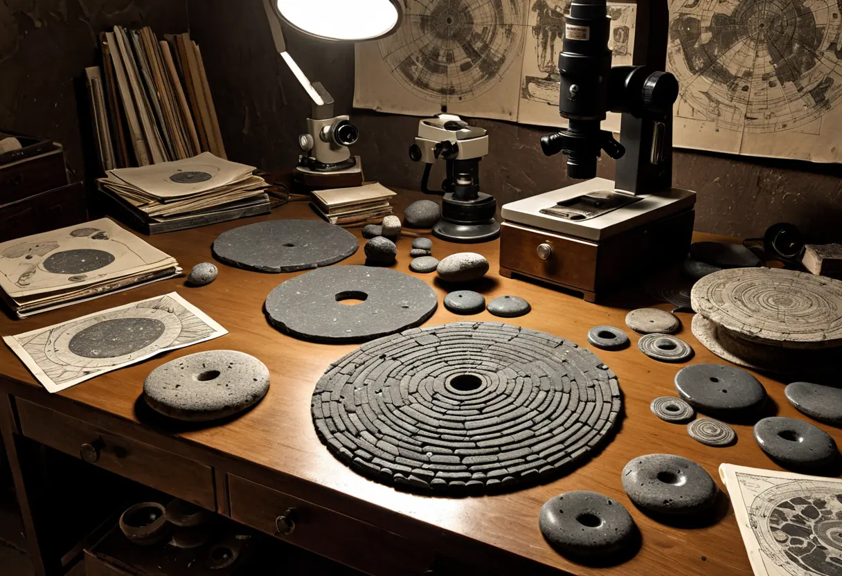 埃っぽい研究室。学者が顕微鏡を覗き込みながら、同心円状の細い溝が刻まれた平らな石の円盤を慎重に調べている。
