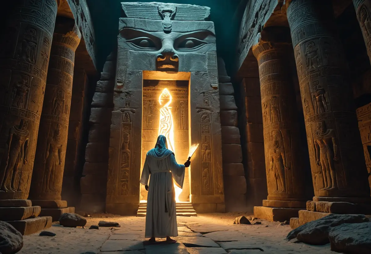 冥界の青い炎が燃える門の前に立つ死者の魂。手にしたパピルスから光が放たれ、守護する蛇の怪物を退けている