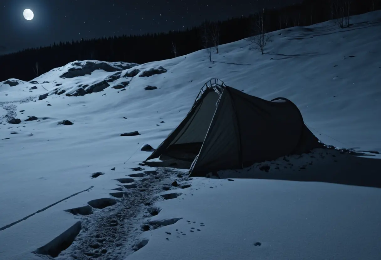 雪に覆われた暗い斜面に、切り裂かれたテントの影が落ち、遠くの森で小さな明かりが揺れている孤独で恐ろしい夜の情景。