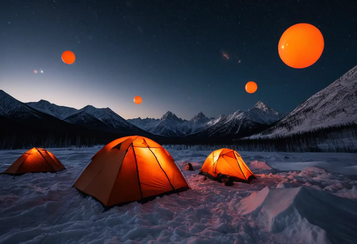 極寒の夜空に、オレンジ色の光り輝く球体が静かに浮かび、雪原のキャンプ地を不気味に照らし出している場面。