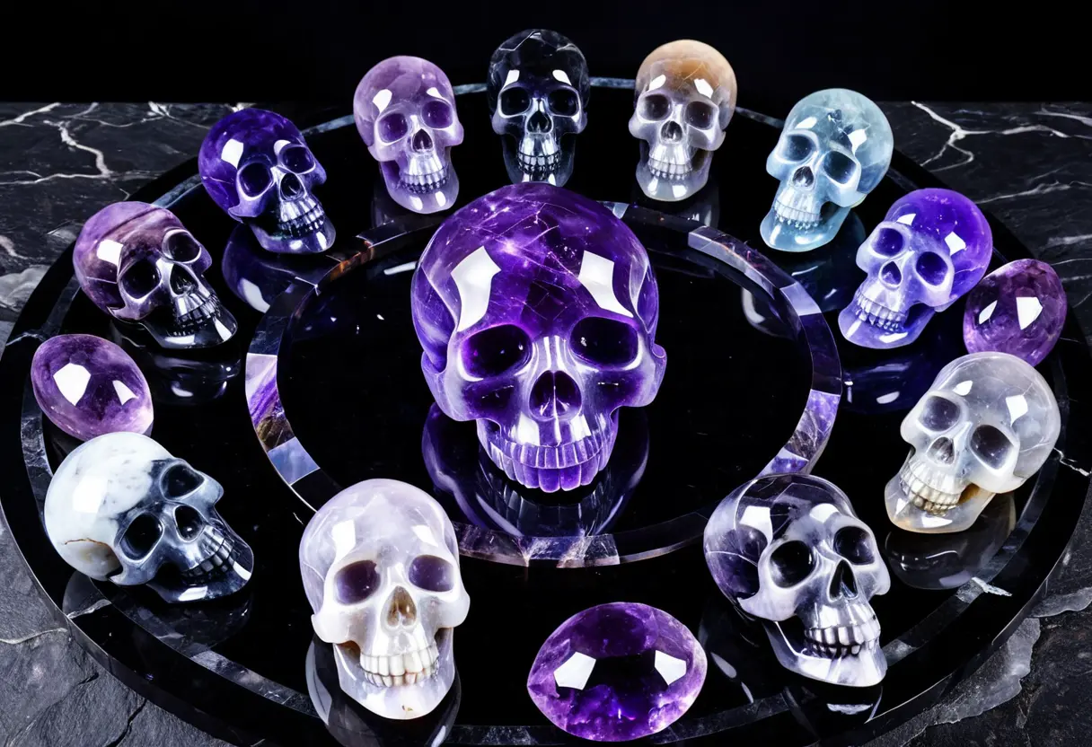 13 crystal skulls arranged in a circle.
