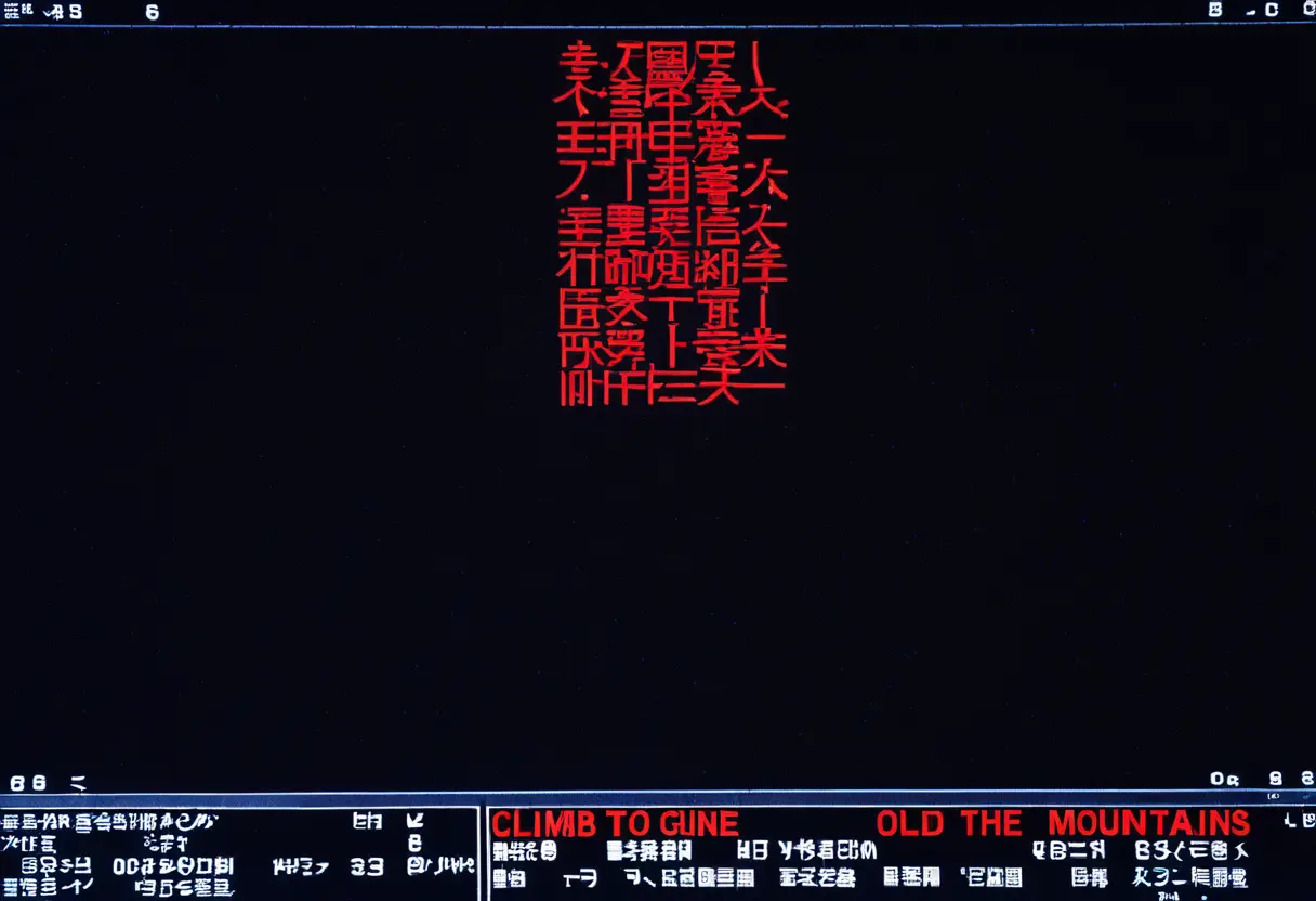 A dark screen with Japanese text and the words &lsquo;CLIMB TO THE MOUNTAINS&rsquo; in red.