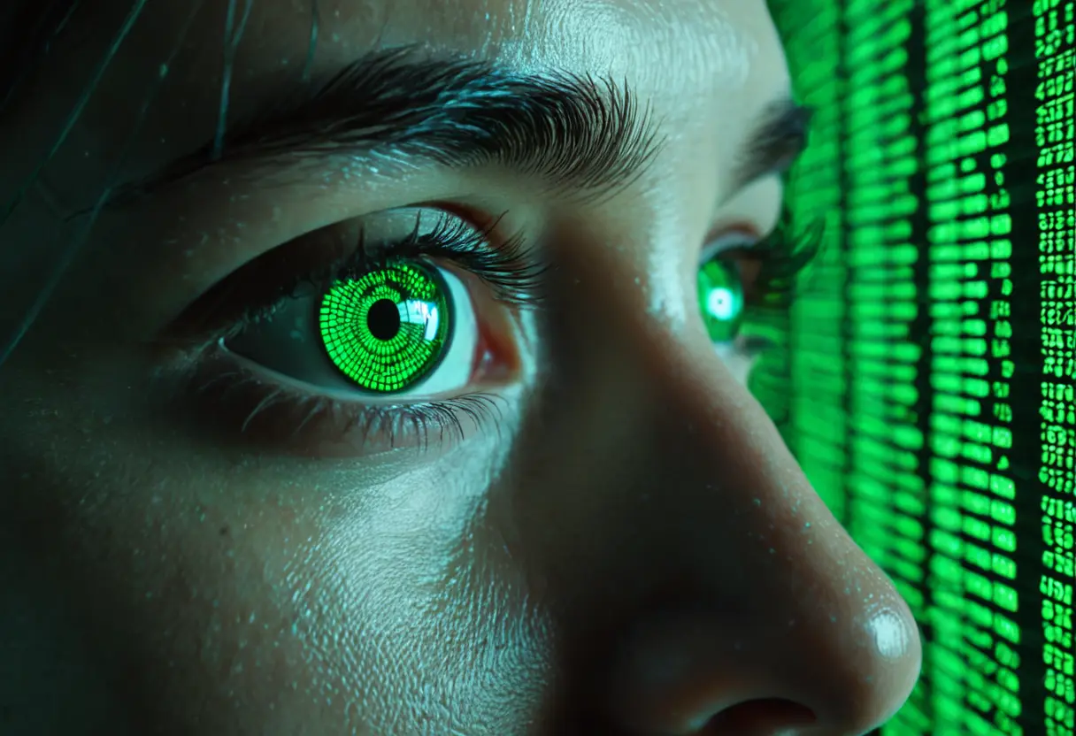 A person&rsquo;s face reflected in a screen of green data, looking into the distance.