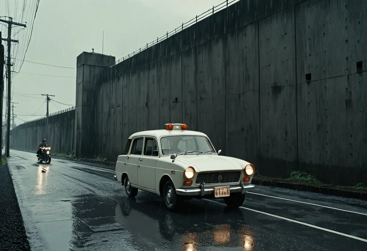 激しい雨の中、府中刑務所の高い灰色の壁に沿った路上に停車する、当時の現金輸送車