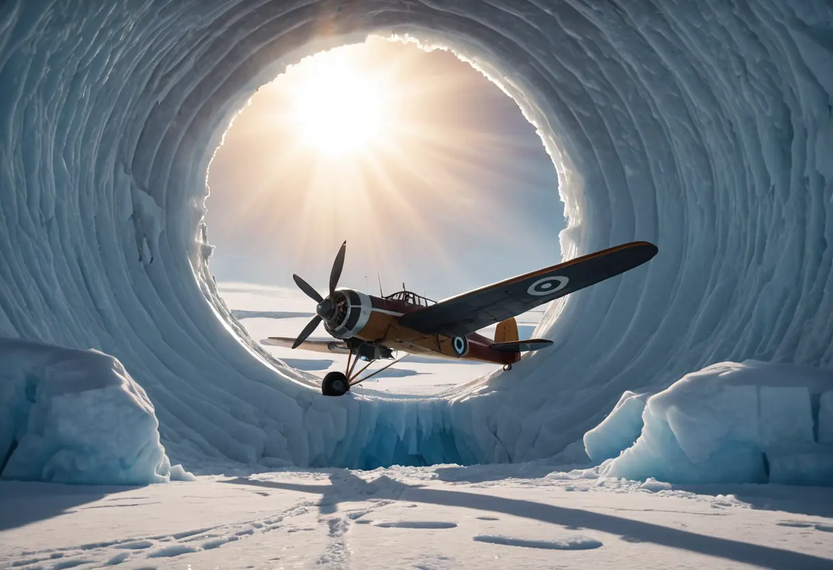 An old plane flying into a massive hole at the pole.