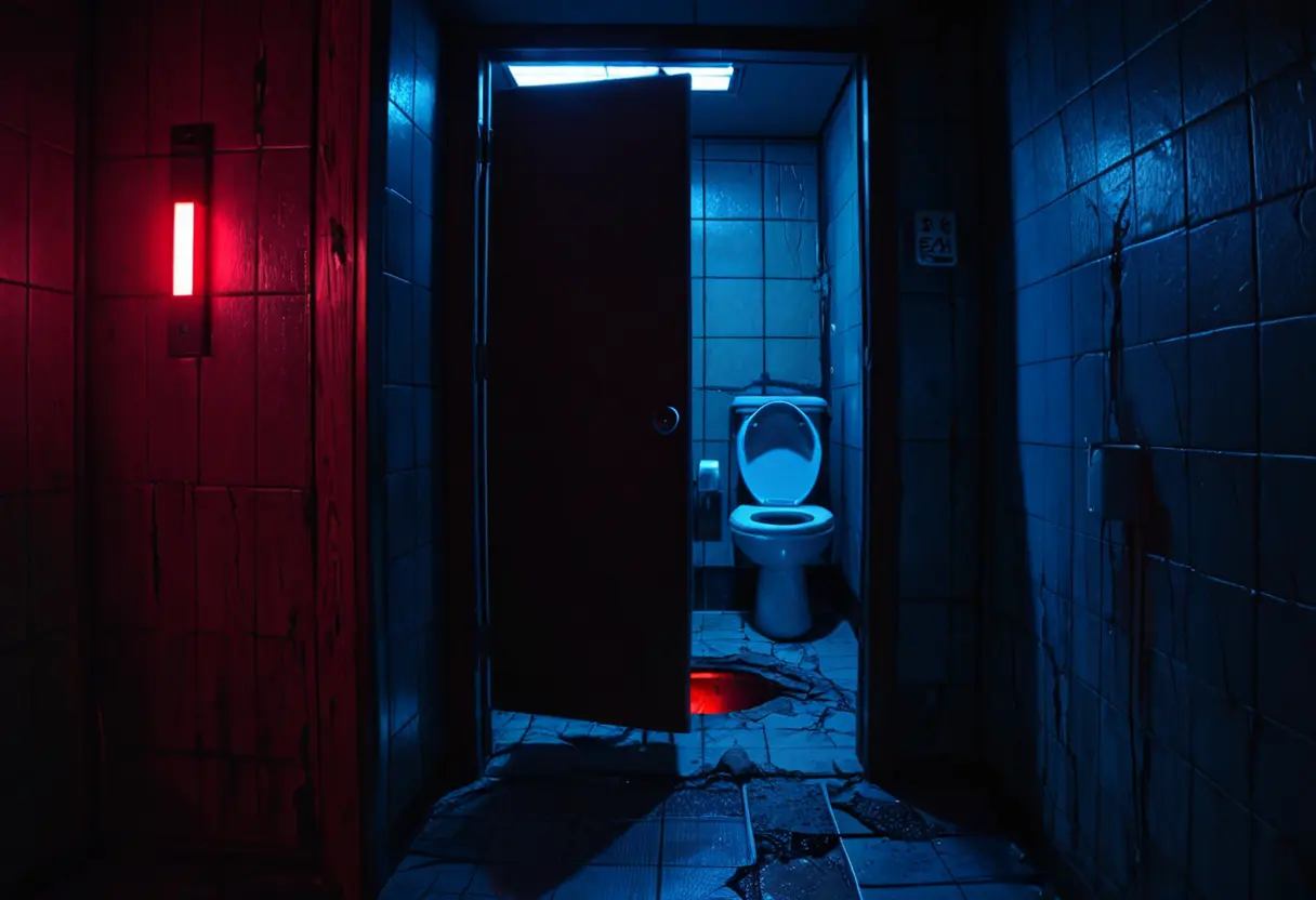 A dark toilet stall with red and blue lights reflecting on the door.