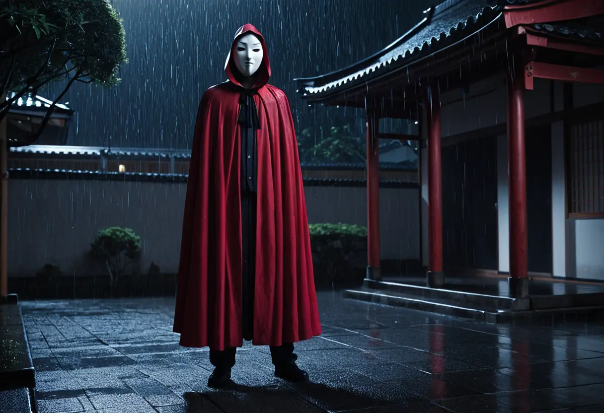 A tall figure in a mask and red cloak standing in a rainy schoolyard.