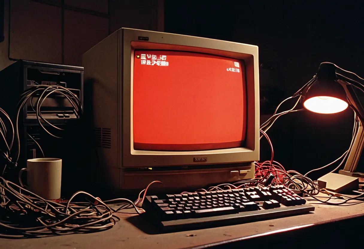 An old CRT monitor showing a red pop-up window in a dark room.