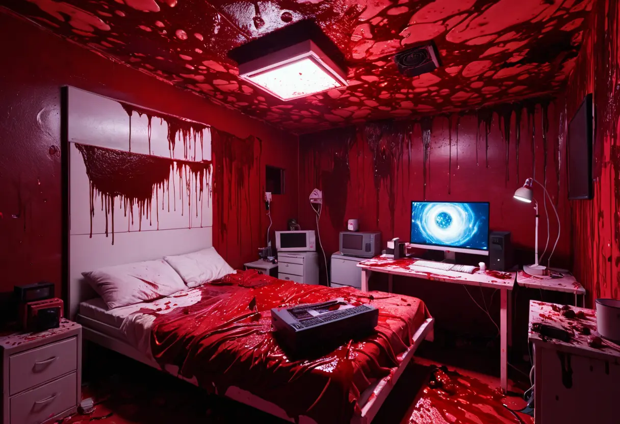 A room covered in red paint or blood with a computer screen glowing.