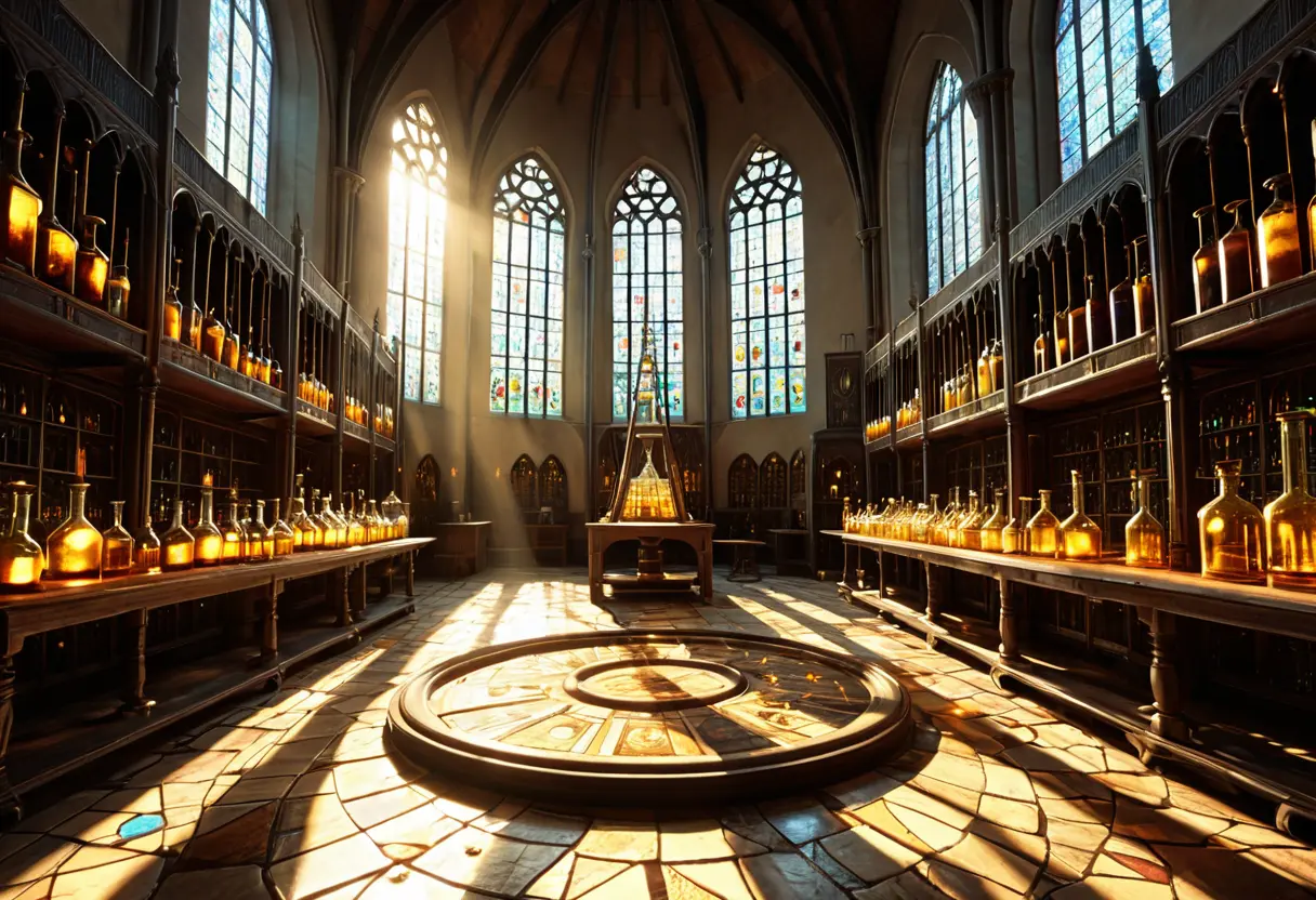 黄金色の液体が満ちたフラスコ、古い羊皮紙、天球儀、そして背景には巨大な魔法陣が描かれた、神秘的な錬金術師の工房。