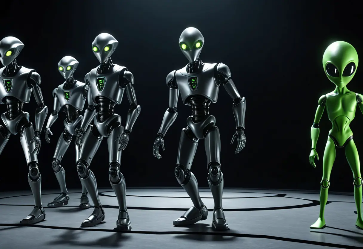 時代の変遷と共に、背後のUFOの形状と手前の宇宙人の姿が変化していく様子を表現したイメージ。