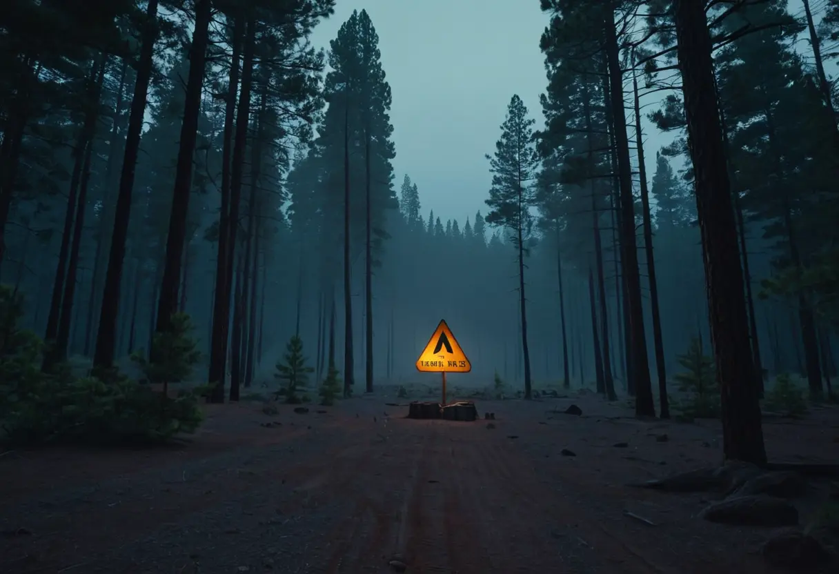 夜の広大な北米の森。空には巨大な月があり、木々の間から巨大な人型のシルエットがこちらを伺っている。霧が立ち込めている。