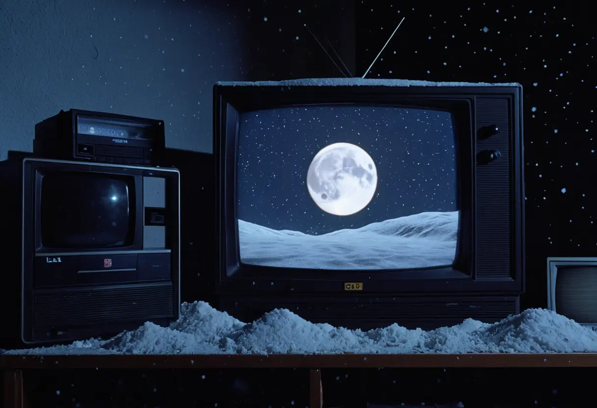 山積みになった古いVHSテープと、その前で砂嵐を映し出しているブラウン管テレビ。画面には「LOCAL 58」のロゴとうっすらとした月が浮かび上がっている。