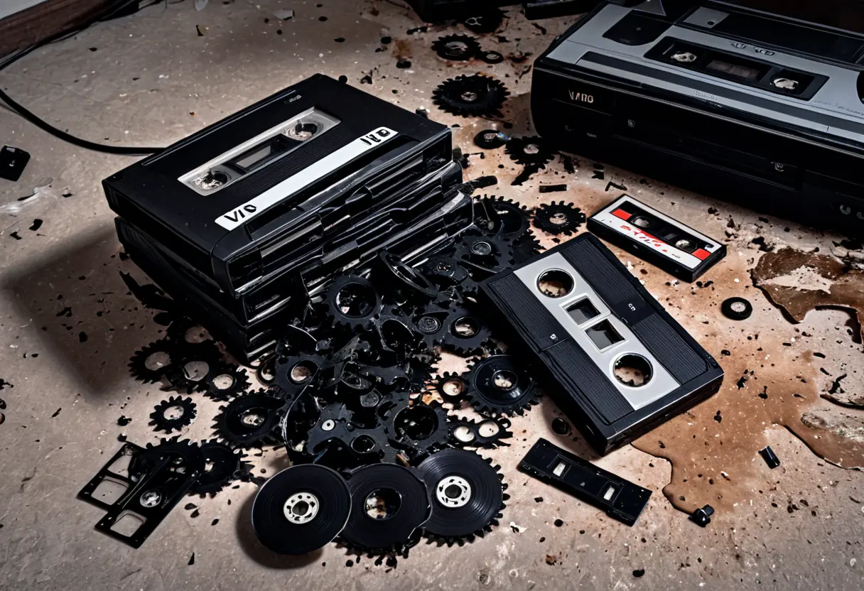 Magnetic tape spilling from a VHS cassette.