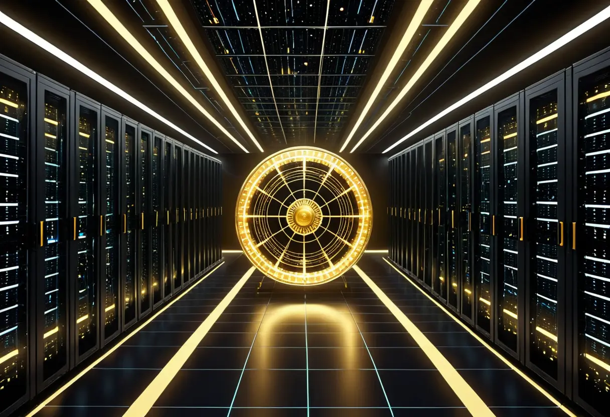 A golden astrological wheel floating above a digital server room.