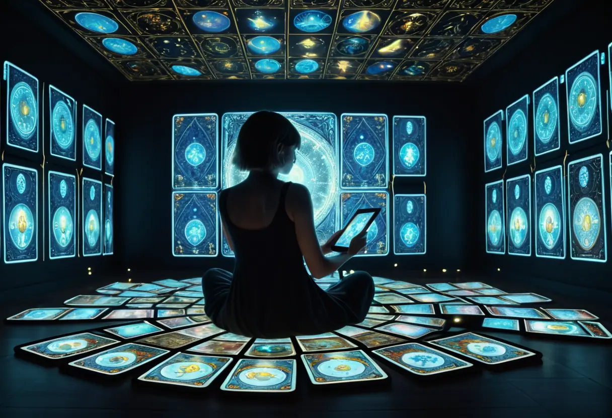 A person staring at a swarm of floating YouTube thumbnails that look like tarot cards.