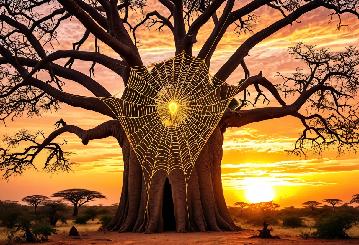西アフリカのバオバブの木の下で、金色の糸を織る蜘蛛の神。