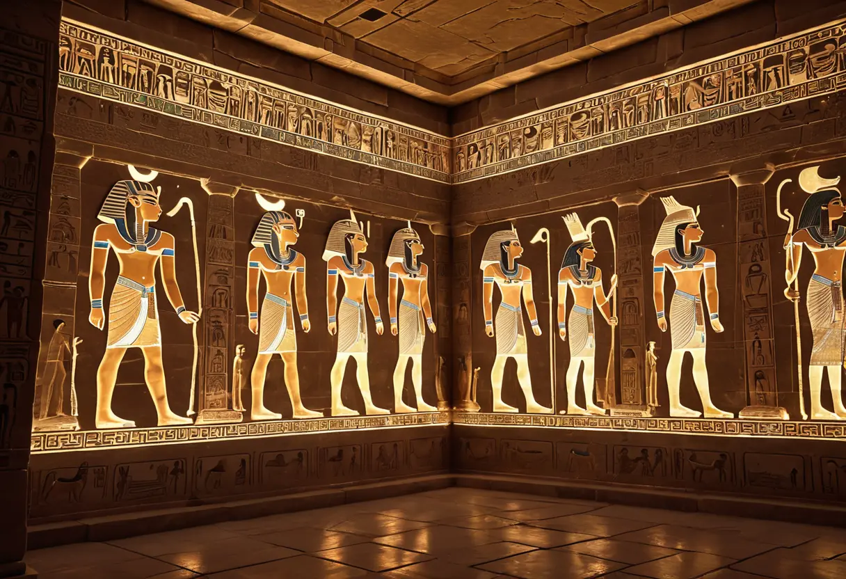 古代の神殿の壁に、レーザー光のようなもので投影された銀河系の地図。