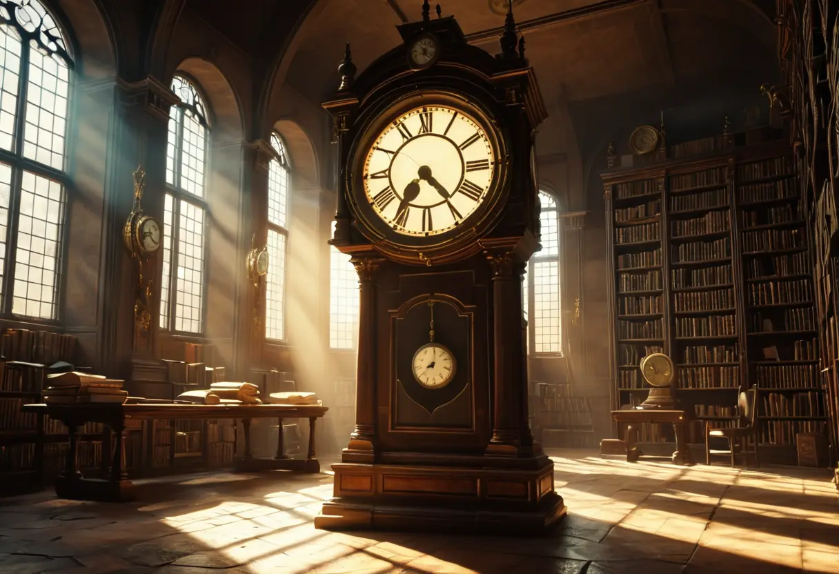 巨大な図書館の最深部で、埃を被った古い時計と、窓から差し込む一筋の光が照らし出す謎の古文書。