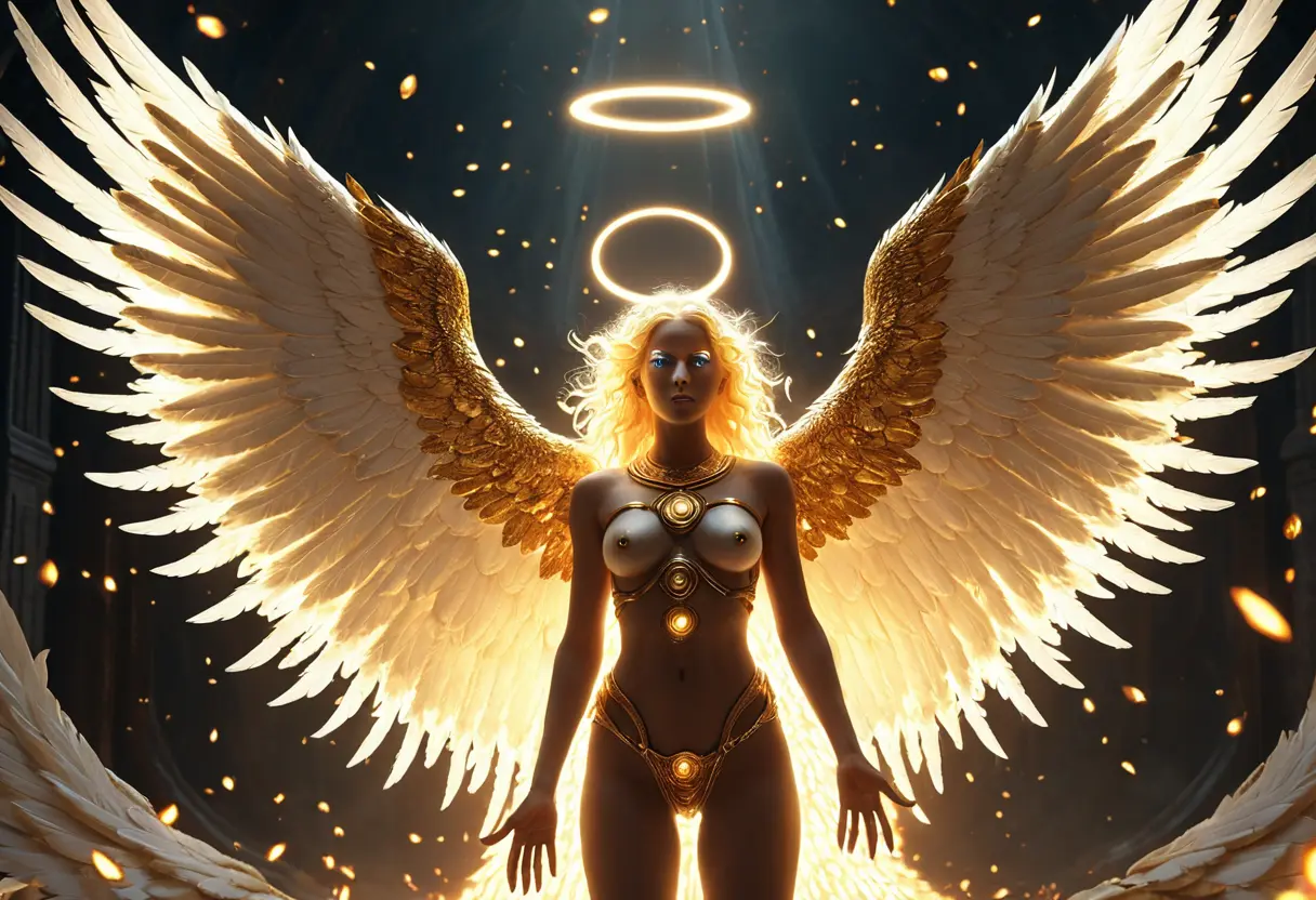 A depiction of a biblically accurate angel, a golden wheel inside a wheel with many eyes.