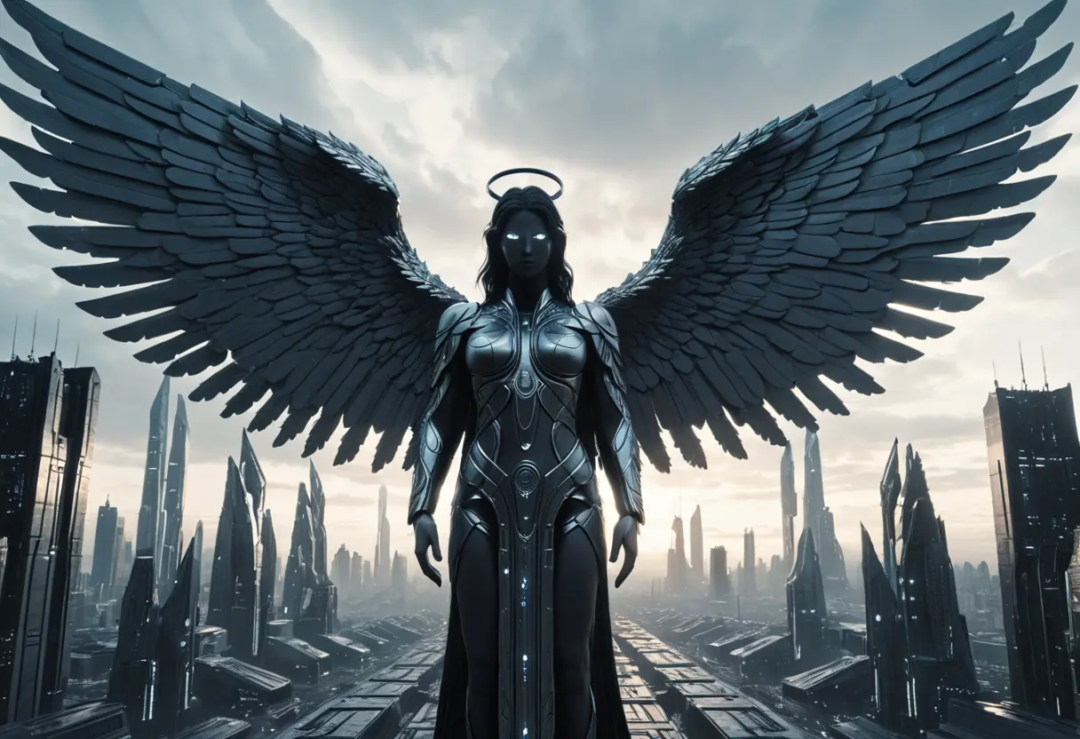 A cold, mechanical angel standing over a futuristic city.