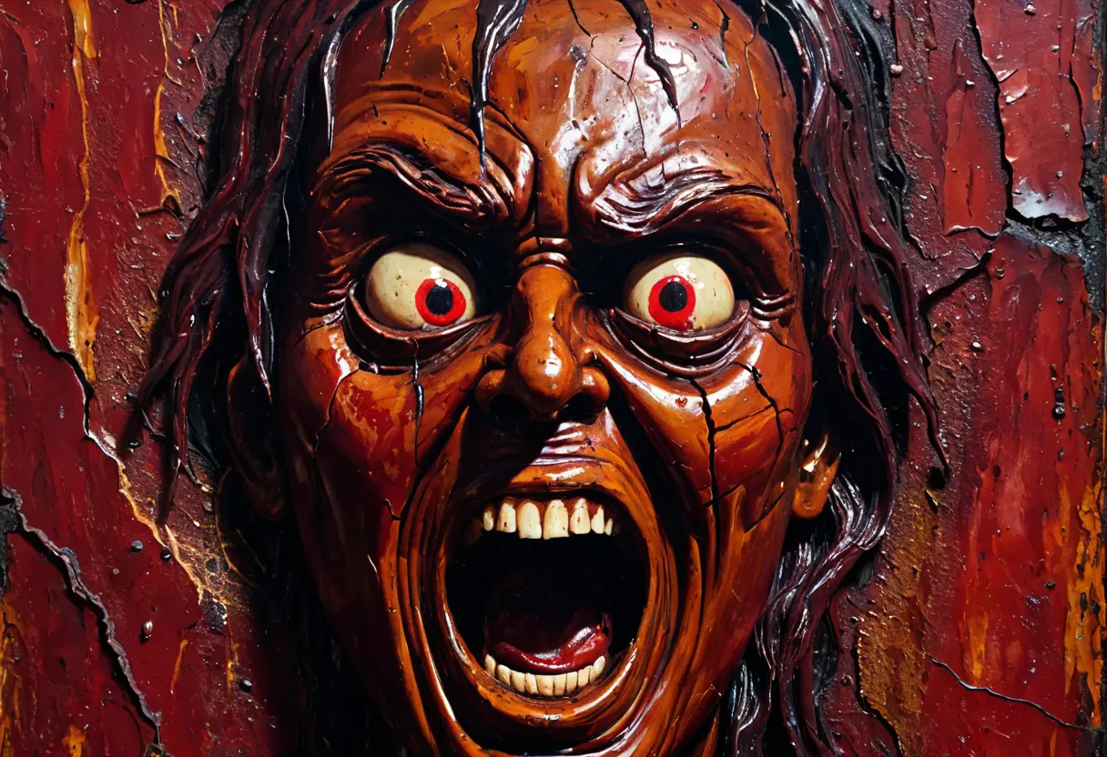 A dark, close-up of a screaming face in oil paint.