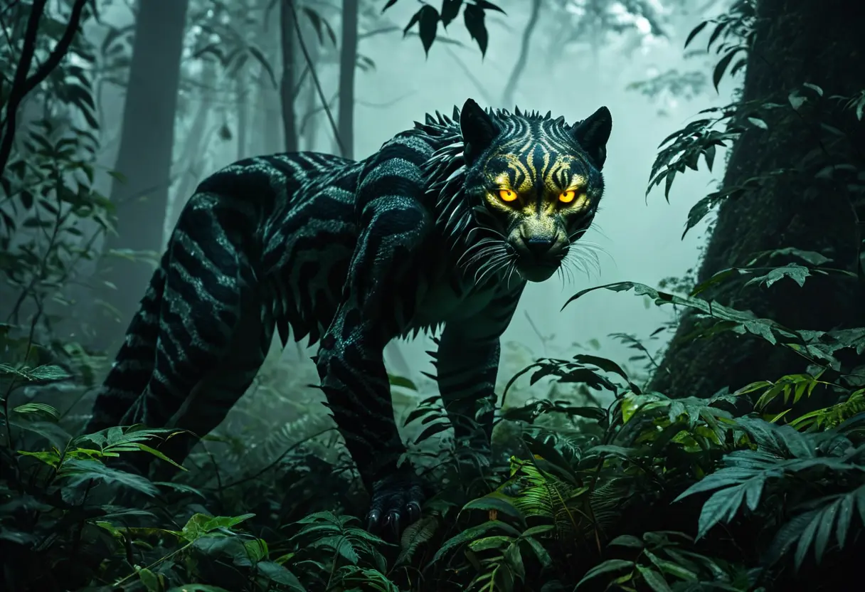 深い霧に包まれた鬱蒼とした森の中、人間を監視する野生動物の冷たい双眸