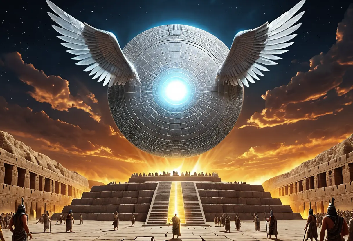 古代シュメールのジグラットの上に、光り輝く巨大な円盤が浮かんでいる。翼を持つ神々が地上に降り立っている。