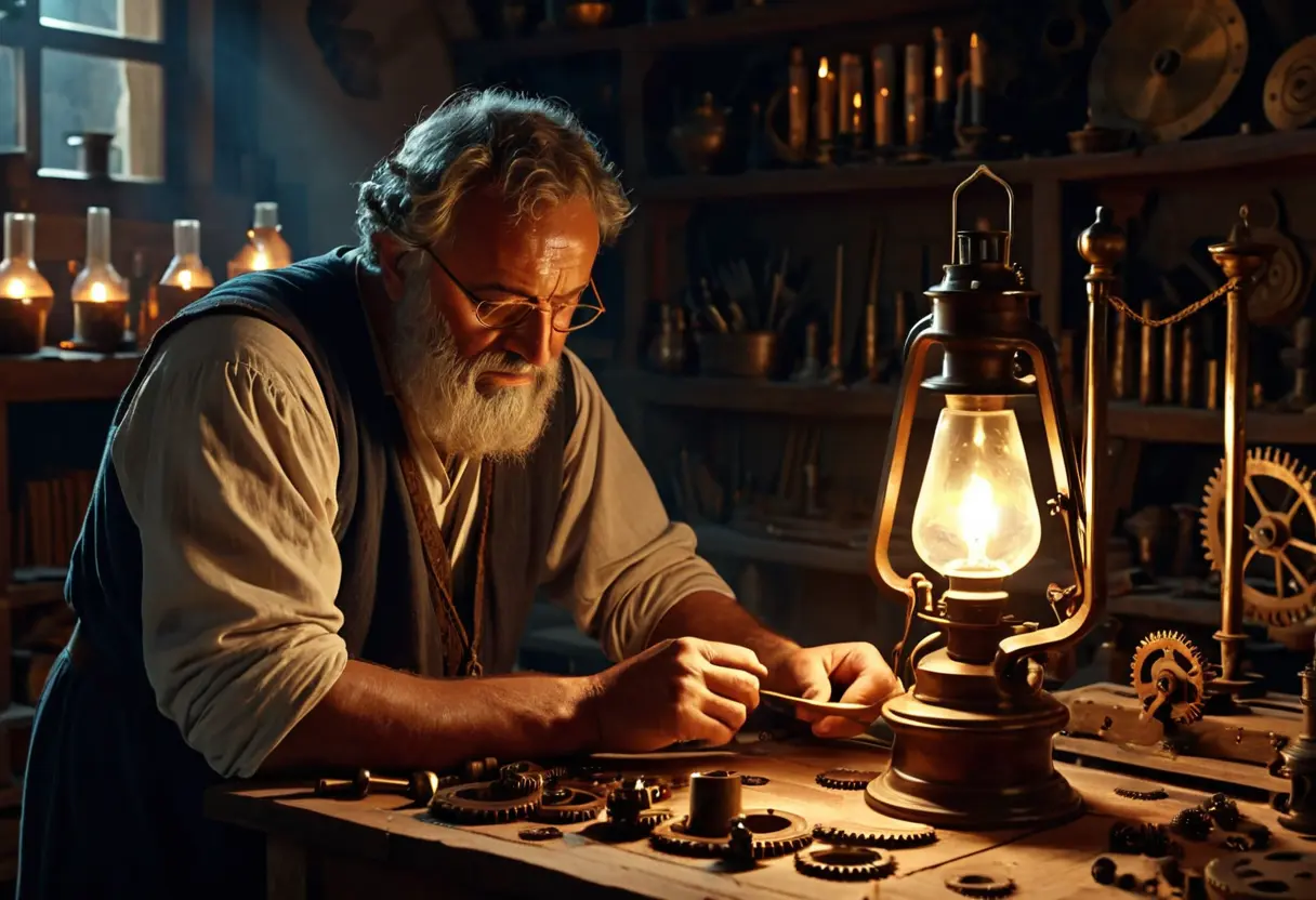 An ancient scholar building the gear mechanism.
