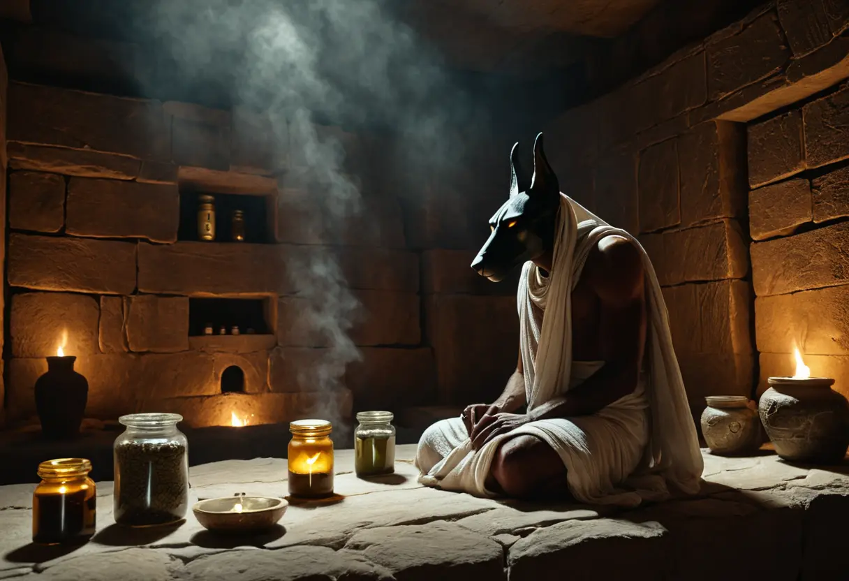 Anubis performing the first mummification.