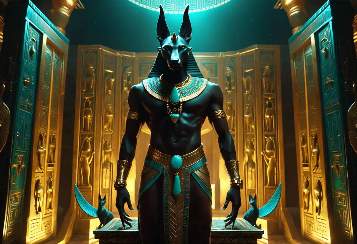 黄金と青の装飾を身に纏い、天秤を調整するジャッカル頭の黒い肌の神アヌビス。背景にはヒエログリフが刻まれた巨大な神殿の柱