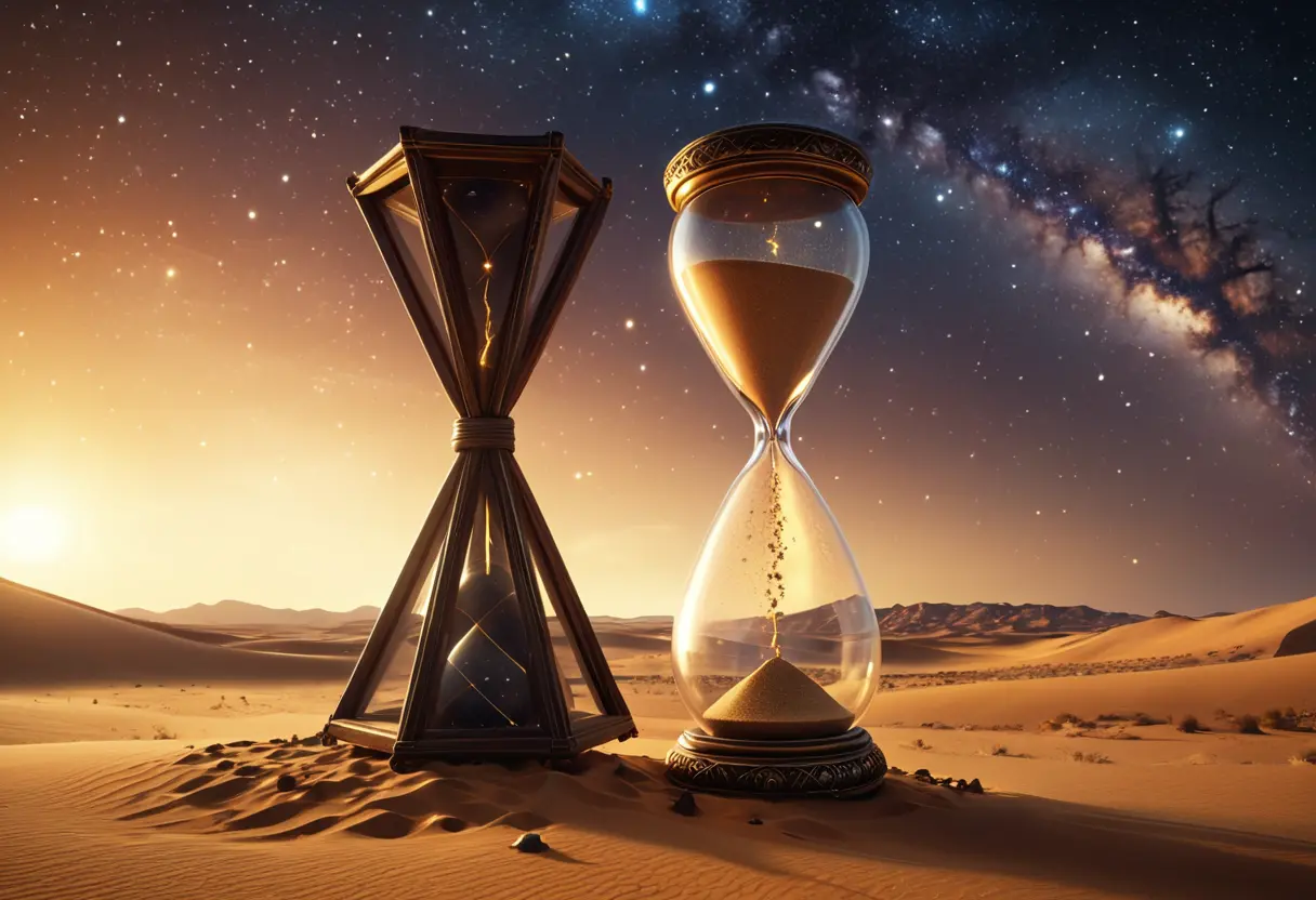 An hourglass with galaxies inside it, sitting on a desert landscape.