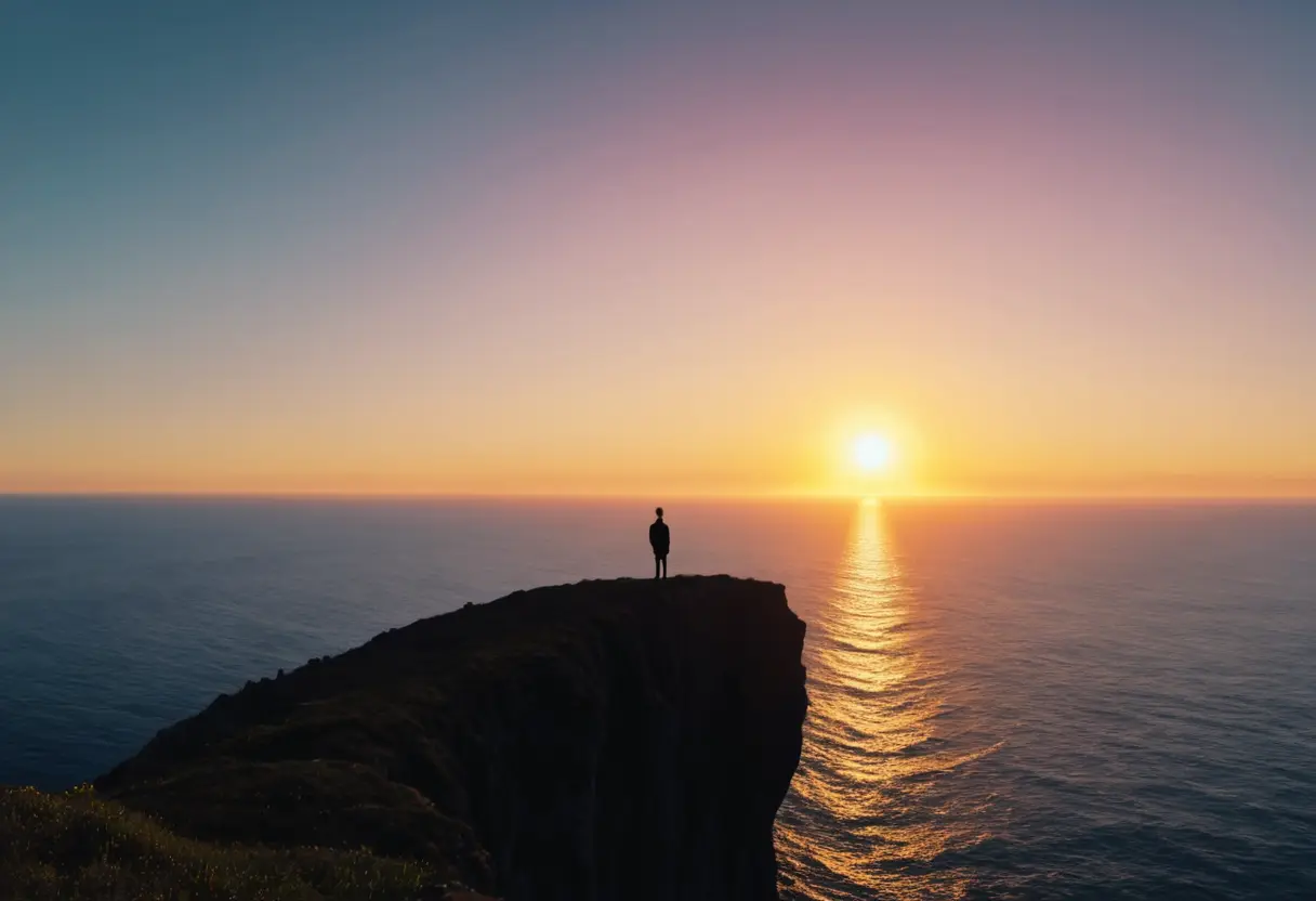 A sunrise seen from a high cliff with a person standing there.