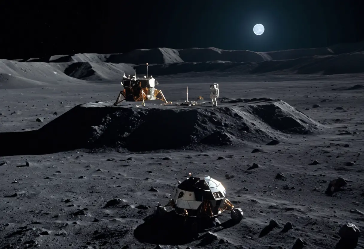 月面。遠くのクレーターの縁に、幾何学的で巨大な銀色の構造物が並んでいる。手前にはアポロの着陸船が見える。