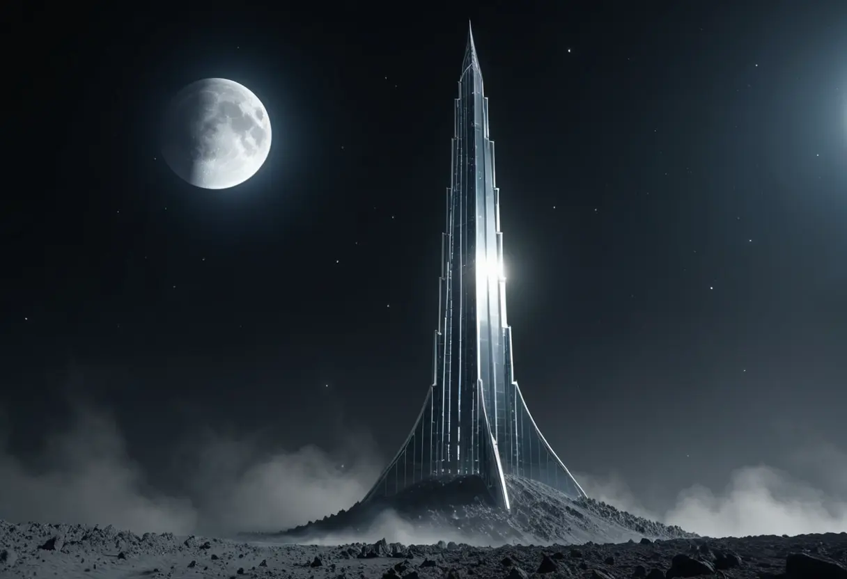 月面。空に向かって屹立する、透明感のある巨大なガラスの塔のような構造物。