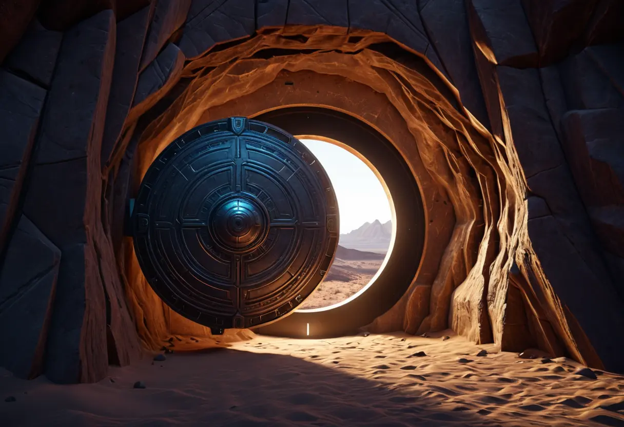 砂漠の斜面に巧妙に隠された格納庫の扉が開いている。中には鈍い光を放つ円盤状の機体が見える。