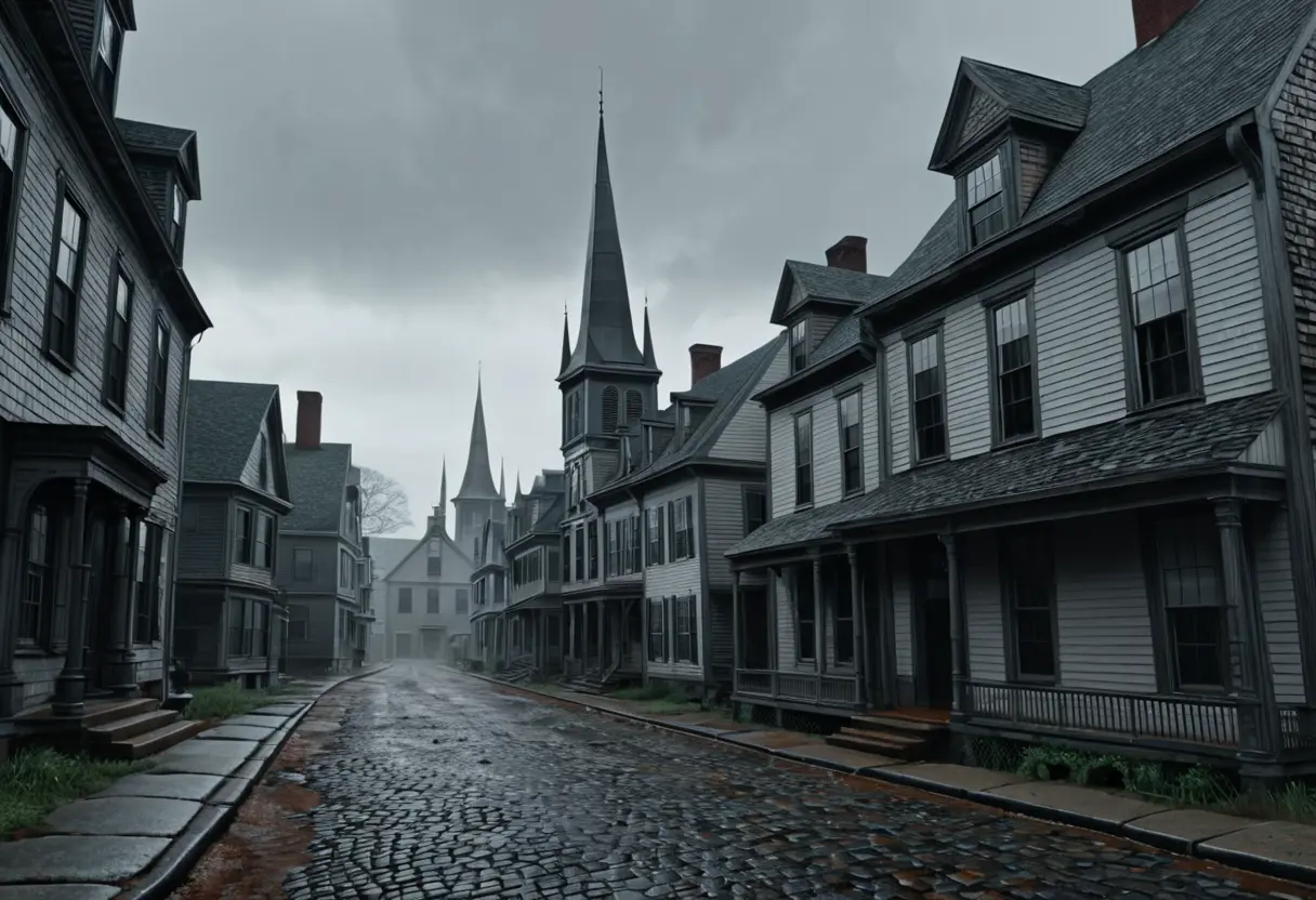 Decaying colonial houses in Arkham under a grey sky.