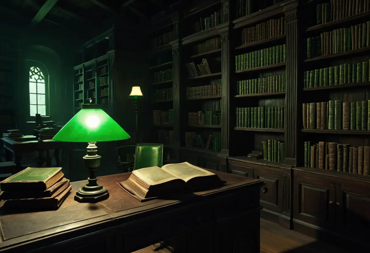 A dark library inside Miskatonic University with ancient books.