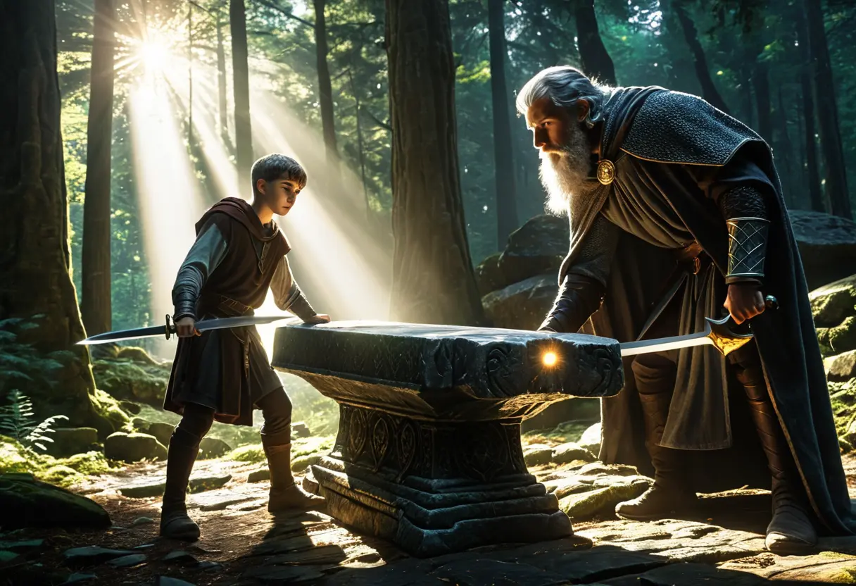 Young Arthur pulling the sword from the stone.