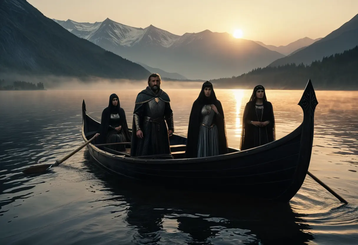 A black boat carrying Arthur to Avalon.