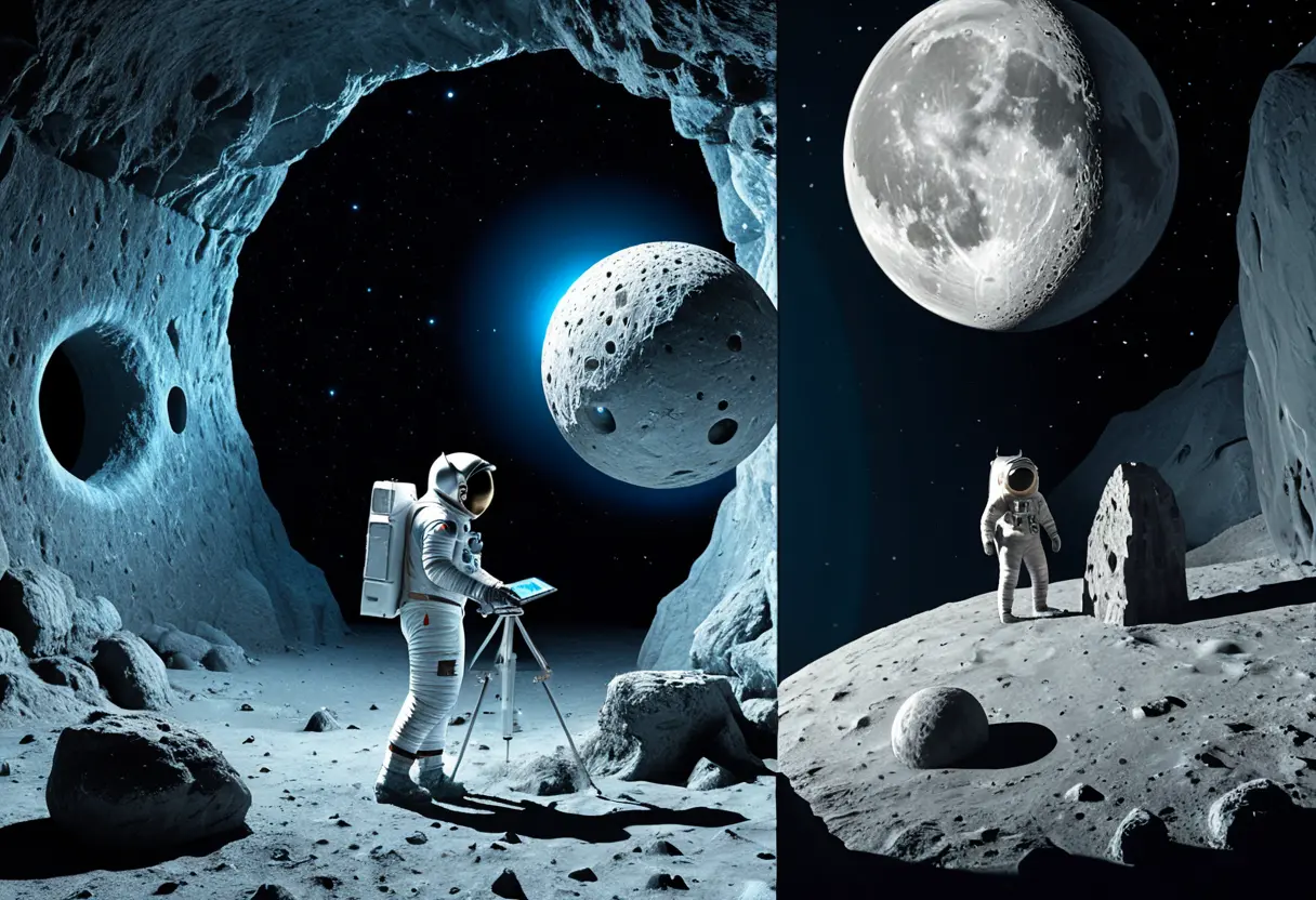 異なる時代の発見シーンが重なり合うイメージ。アポロの飛行士が見る月面、洞窟の石盤、現代の電子顕微鏡。