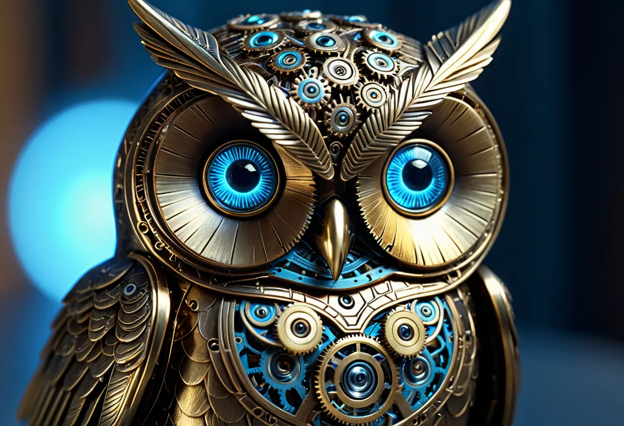 A close-up of a brass mechanical owl with glowing blue eyes.