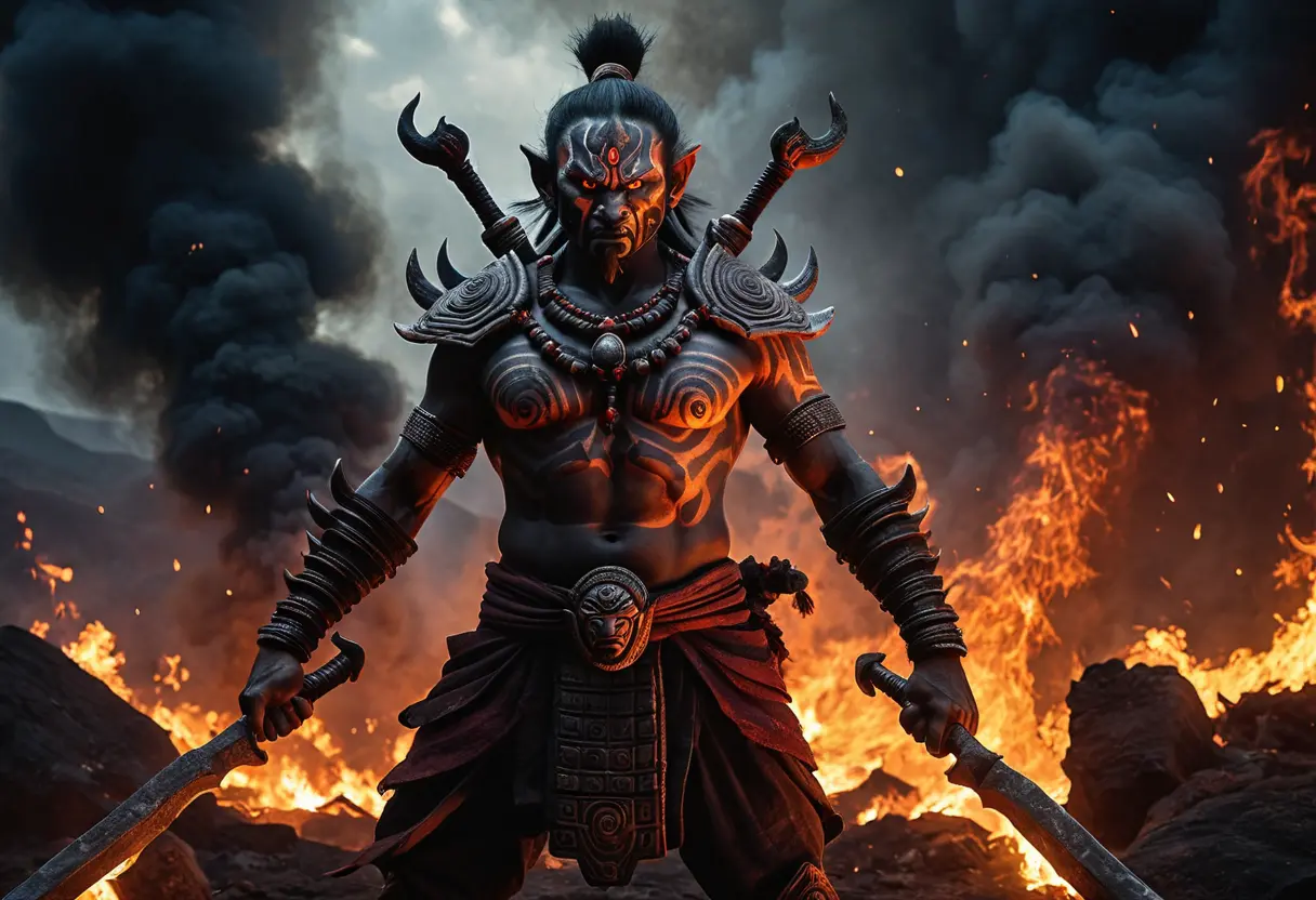 炎の中で咆哮する、三面六臂のアスラ。怒りに満ちた表情と、慈悲を乞うような憂いの表情が共存している。背後には巨大な車輪のような光背が見える