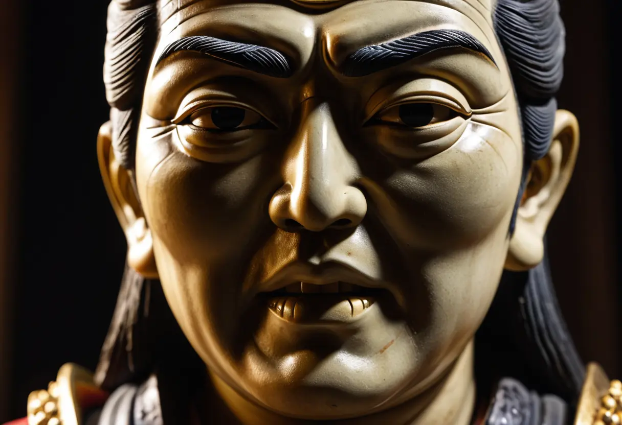 The melancholic face of an Ashura statue.