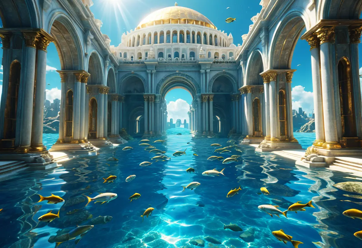 Underwater view of a sunken city with golden domes.